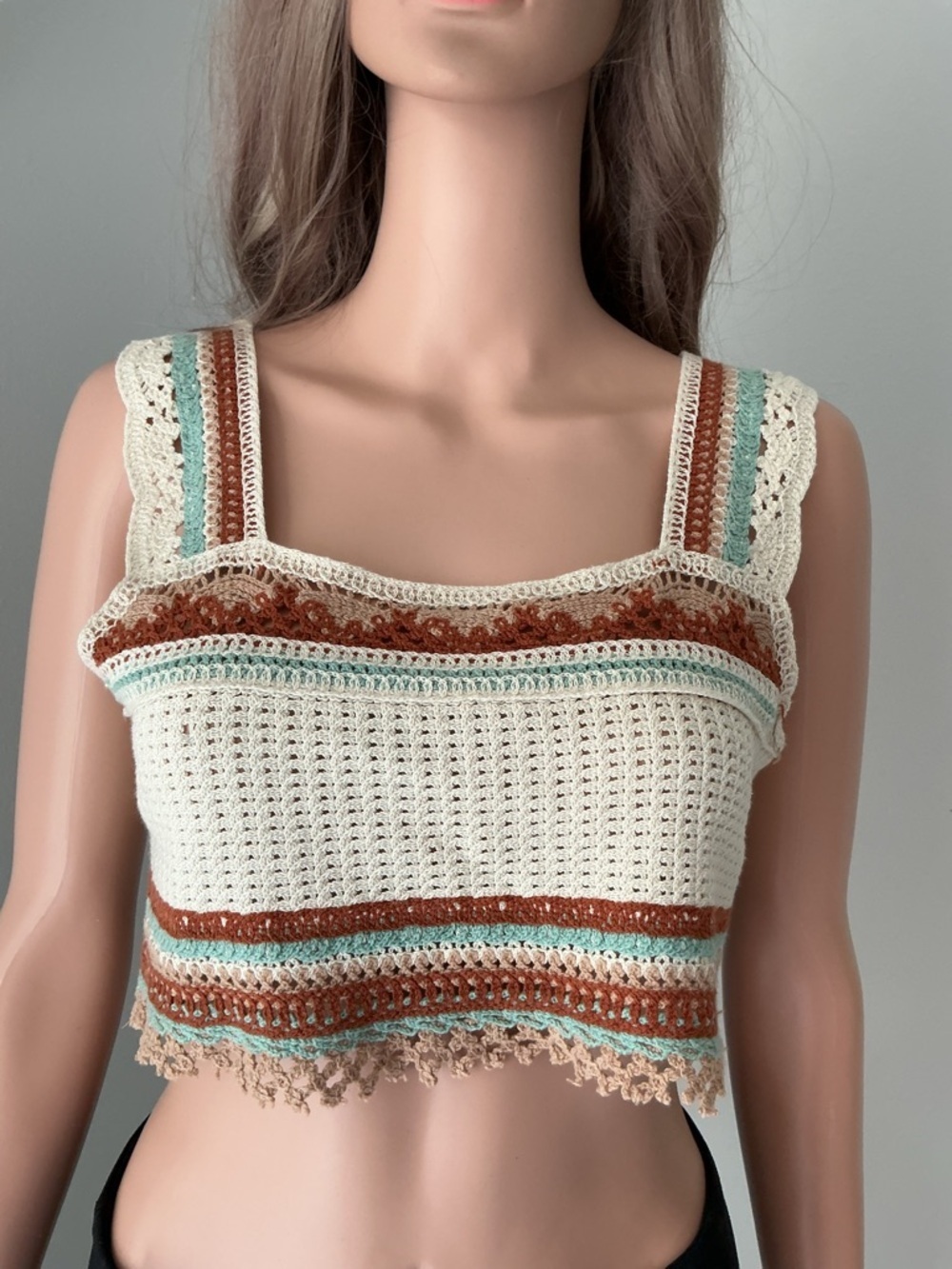 Rebellion Crochet Square-Neck Crop Top in Cream with Rust & Aqua Stripes